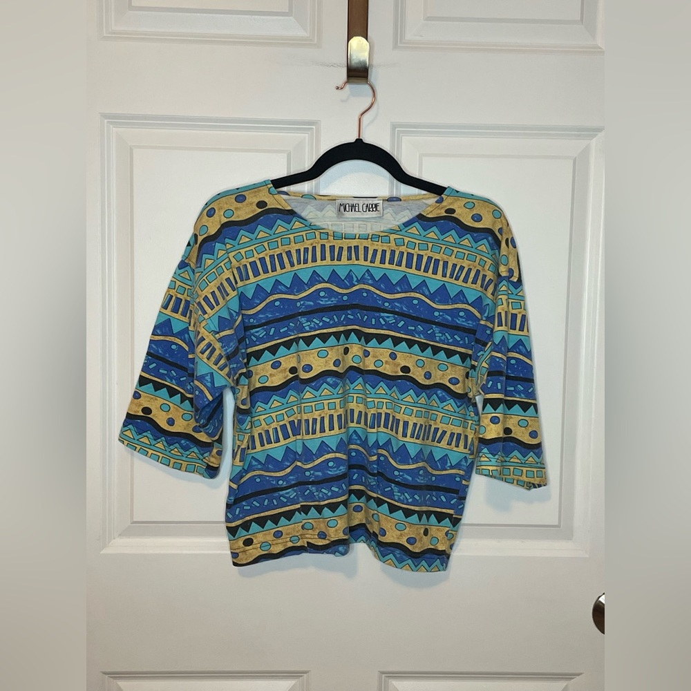 Michael Carre Vintage Aztec Geometric Print Pleated Dolman Top Blue Teal